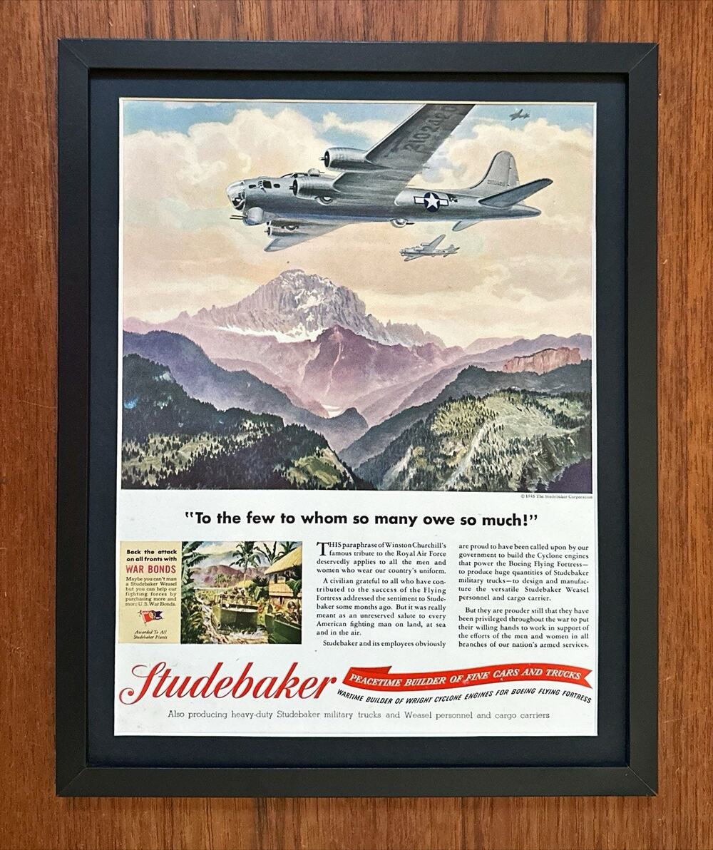 Framed Vintage 1945 Studebaker Boeing Flying Fortress Original Ad